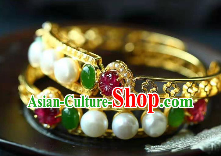 China National Golden Bangle Traditional Qing Dynasty Court Jewelry Accessories Handmade Gems Bracelet