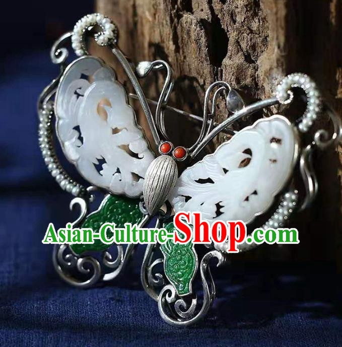 Chinese Handmade Butterfly Breastpin Pendant White Jade Brooch Accessories Traditional Silver Jewelry