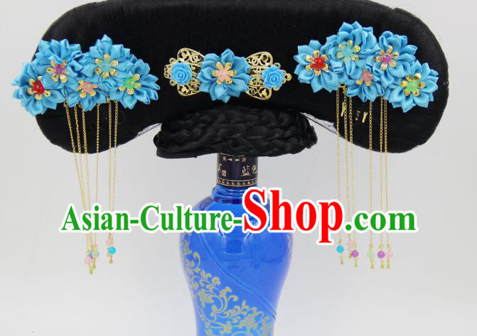 Chinese Ancient Princess Wigs Great Wing Qing Dynasty Palace Lady Hair Chignon and Blue Silk Flowers Hairpins
