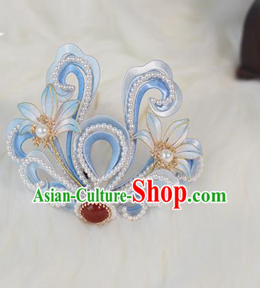 Chinese Ming Dynasty Princess Blue Silk Hair Crown Ancient Court Lady Pearls Hair Accessories