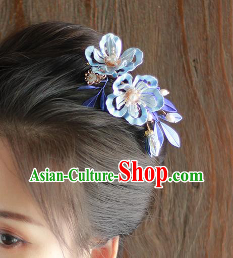 Chinese Ancient Royal Princess Hairpin Traditional Song Dynasty Imperial Consort Blue Silk Peony Hair Comb