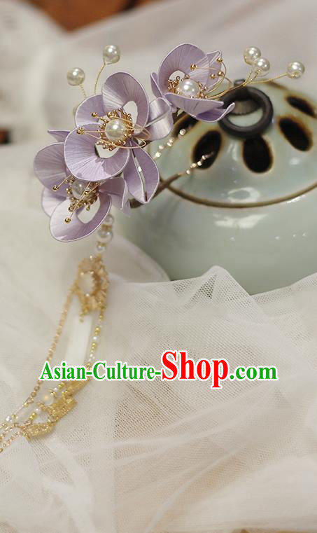 Chinese Ancient Princess Purple Silk Flowers Hairpin Hair Accessories Traditional Tassel Hair Stick