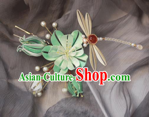 Chinese Ancient Palace Lady Hairpin Traditional Song Dynasty Headpiece Handmade Green Silk Lotus Dragonfly Hair Stick