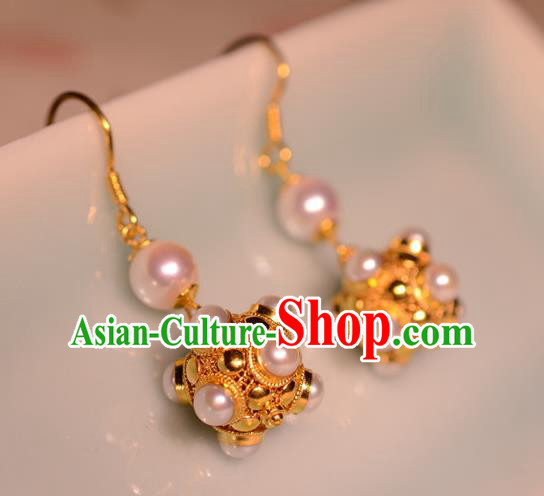 Chinese Ancient Court Princess Golden Ear Jewelry Traditional Tang Dynasty Pearls Earrings Accessories