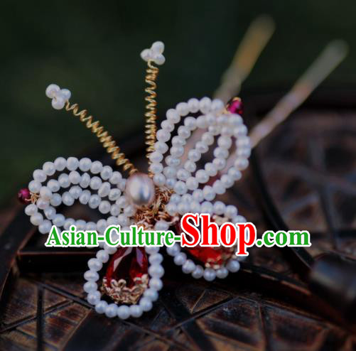 Chinese Traditional Hanfu Crystal Hairpin Ancient Ming Dynasty Princess Beads Butterfly Hair Stick