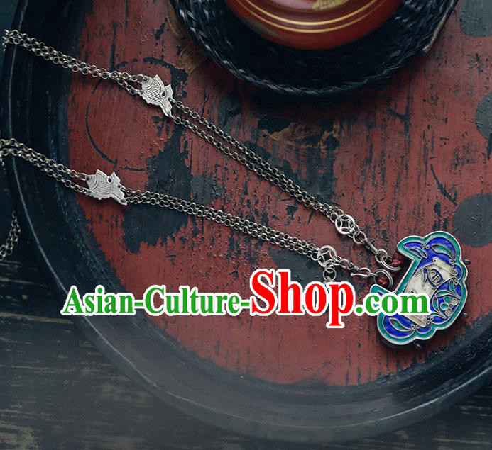 Chinese National Cloisonne Necklace Handmade Ethnic Necklet Accessories Classical Silver Carving Longevity Lock