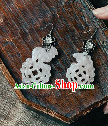 Handmade Chinese White Jade Cock Eardrop Traditional Ear Jewelry Classical Cheongsam Earrings Accessories