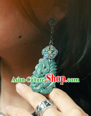 Handmade Chinese Classical Cheongsam Green Jade Earrings Accessories Silver Eardrop Traditional Cloisonne Ear Jewelry