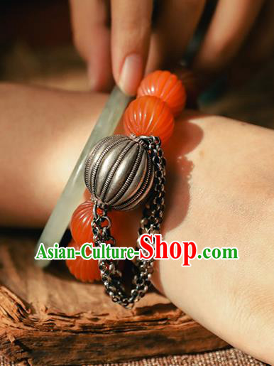 China Classical Agate Beads Wristlet Chain Bangle Jewelry Traditional Silver Pumpkin Bracelet Accessories