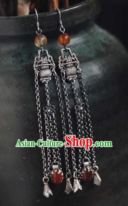 Handmade Chinese Traditional Ear Jewelry Classical Cheongsam Long Tassel Earrings Accessories Silver Flowers Basket Eardrop