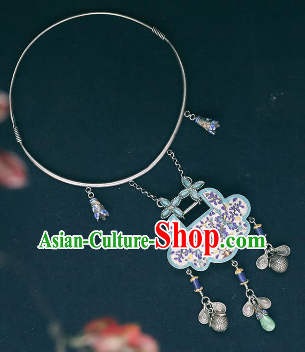 Chinese Classical Blueing Longevity Lock Jewelry National Silver Necklace Handmade Ethnic Necklet Accessories