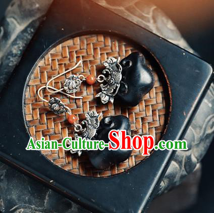 Handmade Chinese Classical Cheongsam Silver Carving Bat Earrings Accessories Traditional Ear Jewelry Ebony Eardrop