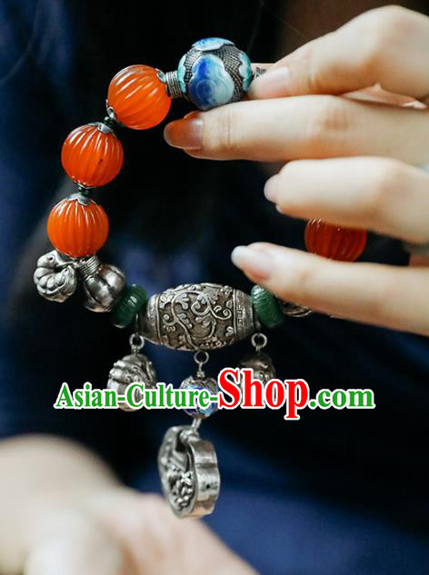 China Traditional Silver Bracelet Accessories Agate Beads Wristlet Classical Bangle Jewelry
