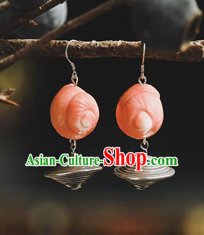 Handmade Chinese Traditional Pink Conch Ear Jewelry Classical Cheongsam Earrings Silver Eardrop Accessories