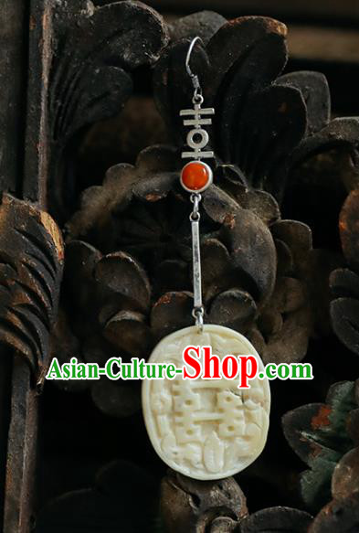 Handmade Chinese Carving Bat White Eardrop Classical Cheongsam Earrings Accessories Traditional Wedding Silver Ear Jewelry
