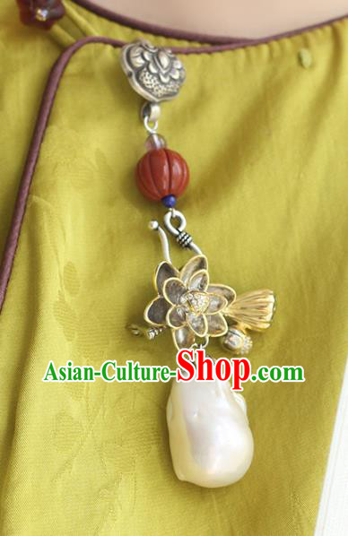 Chinese Handmade National Pearl Tassel Breastpin Pendant Cheongsam Jewelry Accessories Classical Silver Lotus Brooch