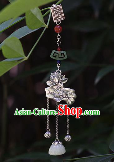 Chinese Handmade National Jade Tassel Breastpin Pendant Cheongsam Jewelry Accessories Classical Silver Lotus Brooch