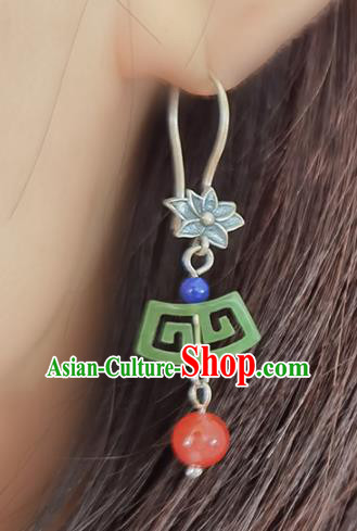Handmade Chinese Traditional Jade Eardrop Classical Earrings Accessories Cheongsam Silver Lotus Ear Jewelry
