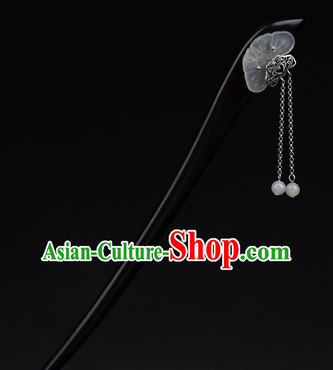 China National Tassel Ebony Hairpin Handmade Hair Jewelry Accessories Traditional Cheongsam Jade Lotus Leaf Hair Stick