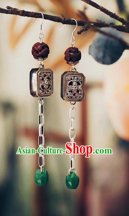 Handmade Chinese Jade Bucket Eardrop Classical Cheongsam Earrings Accessories Traditional Silver Carving Ear Jewelry