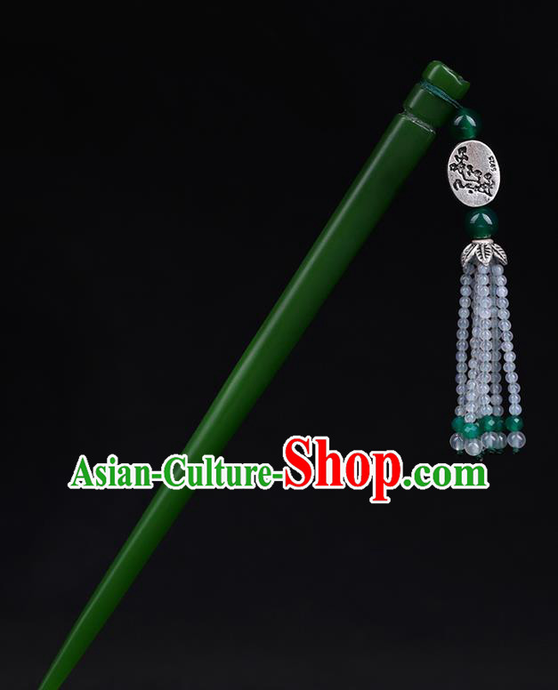 China National Beads Tassel Hairpin Handmade Hair Jewelry Accessories Traditional Cheongsam Green Jade Hair Clip