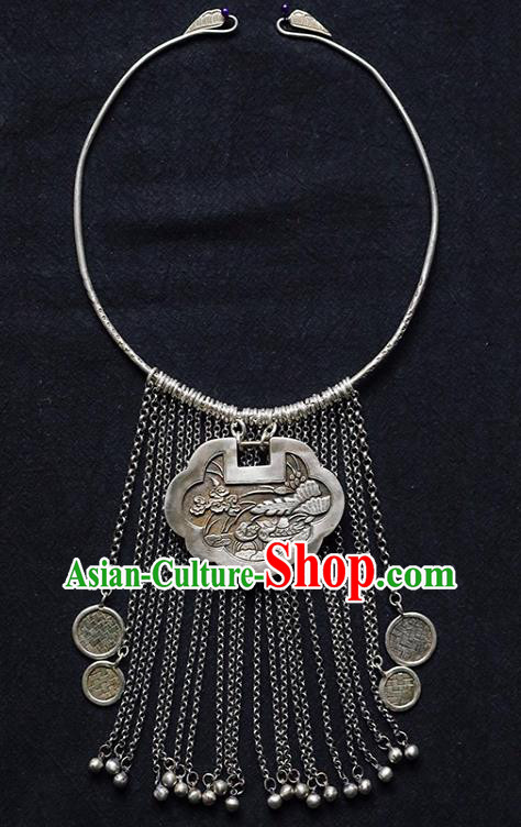 Chinese Handmade Ethnic Bells Tassel Necklet National Necklace Classical Cheongsam Silver Carving Lotus Jewelry Accessories