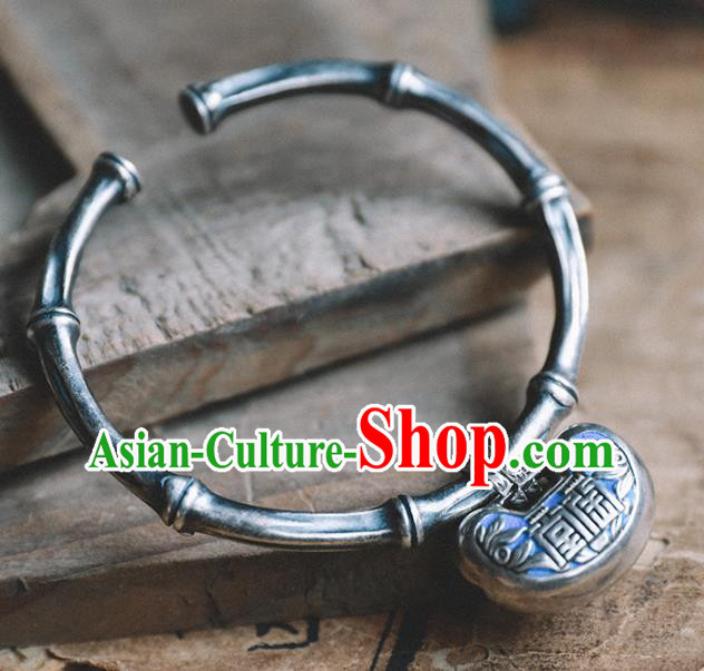 China Traditional Silver Bamboo Bracelet Accessories Classical Bangle Blueing Longevity Lock Wristlet Jewelry