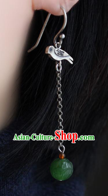 Handmade Chinese Traditional Jade Carving Lotus Eardrop Classical Earrings Accessories Ethnic Silver Bird Ear Jewelry