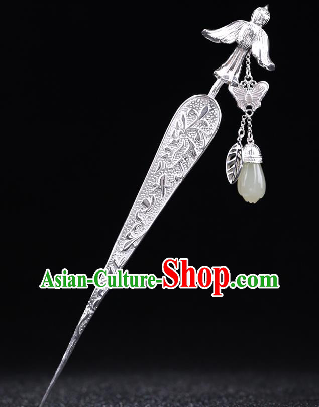 China National Jade Magnolia Tassel Hairpin Handmade Hair Jewelry Accessories Traditional Cheongsam Silver Hair Stick