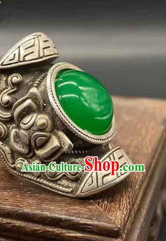 China National Silver Carving Ring Handmade Jewelry Accessories Traditional Chrysoprase Thimble Circlet