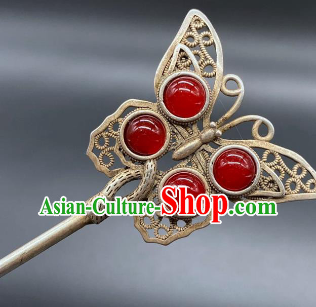 China Traditional Hair Accessories Classical Silver Butterfly Hairpin Handmade Agate Hair Stick