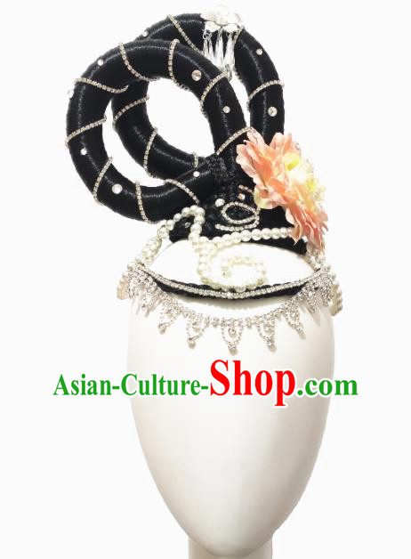 Traditional China Classical Dance Stage Show Hair Accessories Court Dance Headwear Handmade Flying Apsaras Dance Wig Chignon