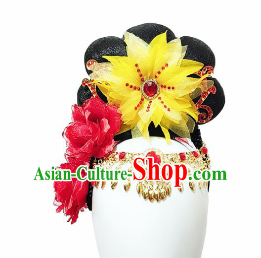 Traditional China Handmade Classical Dance Wig Chignon Stage Show Hair Accessories Flying Apsaras Dance Headdress