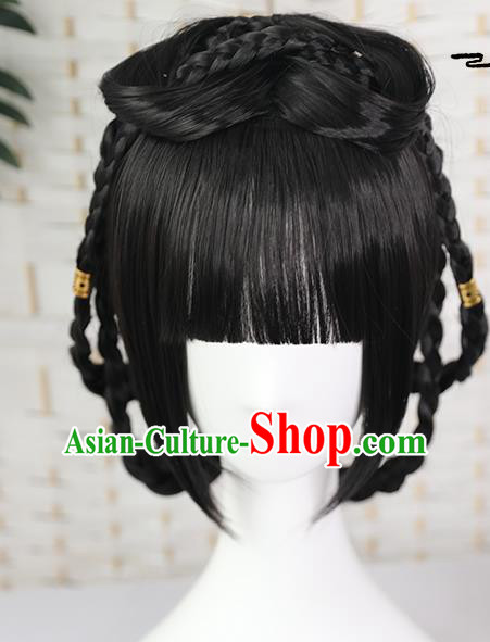 China Traditional Song Dynasty Young Lady Straight Bangs Wiggery Headdress Handmade Ancient Village Girl Wig Sheath