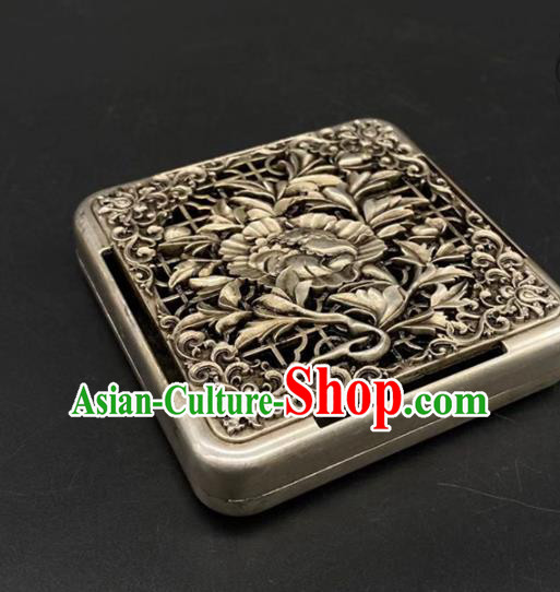 Handmade Chinese Carving Peony Ink Box Ornaments Traditional Brass Craft Cupronickel Ink Cartridge