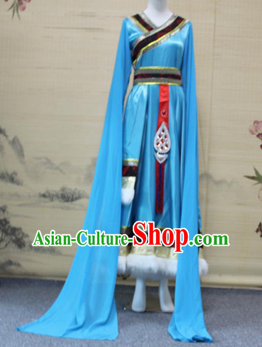 China Traditional Zang Nationality Folk Dance Clothing Tibetan Ethnic Women Dance Blue Robe