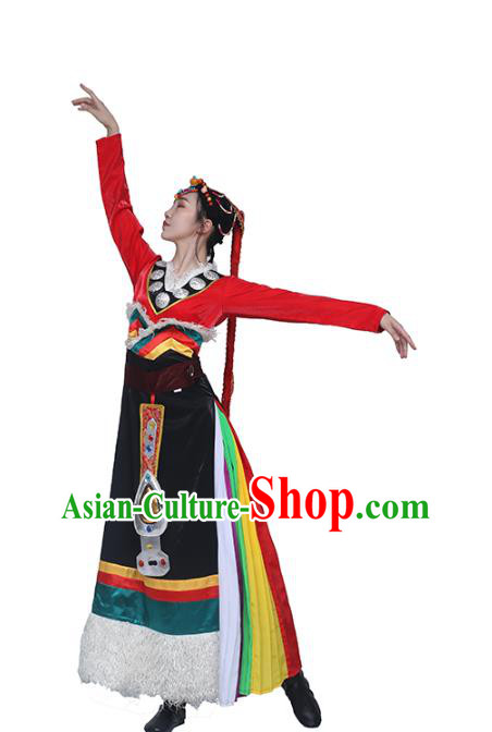 China Traditional Zang Nationality Folk Dance Clothing Tibetan Ethnic Women Dance Red Blouse and Black Skirt Outfits