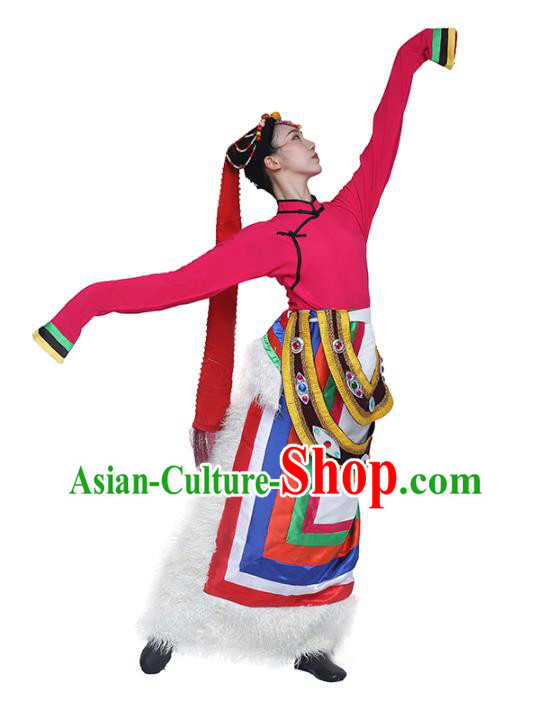 China Traditional Zang Nationality Women Folk Dance Clothing Tibetan Ethnic Dance Rosy Blouse and White Skirt Outfits
