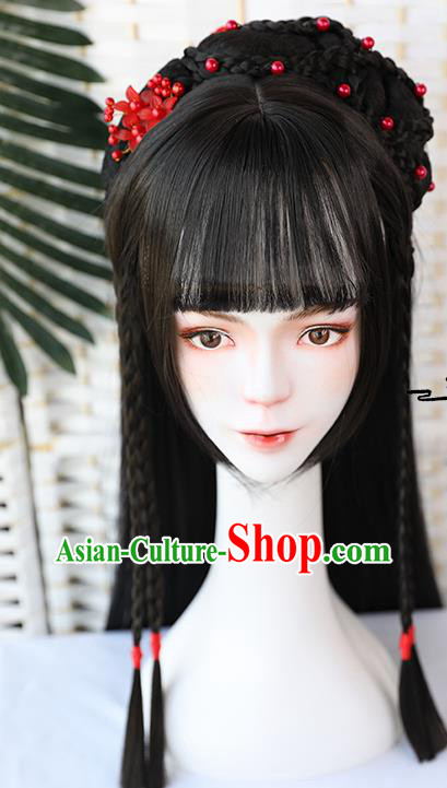 China Traditional Song Dynasty Straight Bangs Wiggery Headdress Handmade Ancient Female Swordsman Huang Rong Wig Sheath