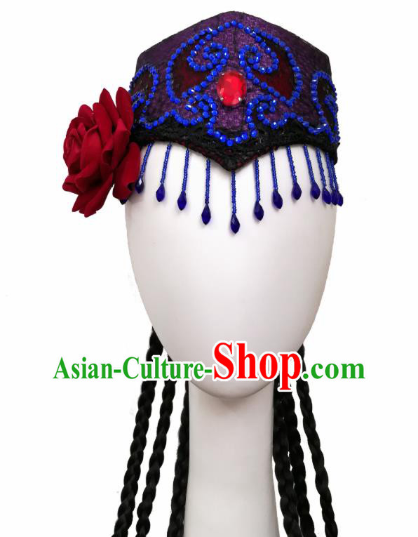 China Handmade Ethnic Women Braid Hair Accessories Traditional Uyghur Nationality Folk Dance Royalblue Tassel Hat