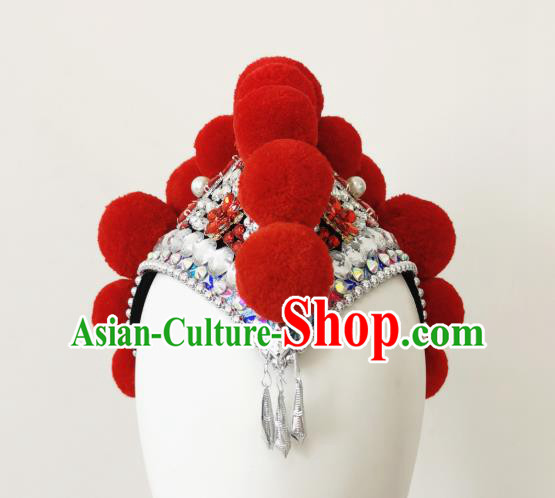 China Folk Dance Hair Accessories Traditional Yi Ethnic Red Cockscomb Hat