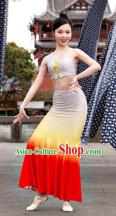 China Traditional Dai Nationality Folk Dance Clothing Ethnic Women Peacock Dance Red Dress Outfits