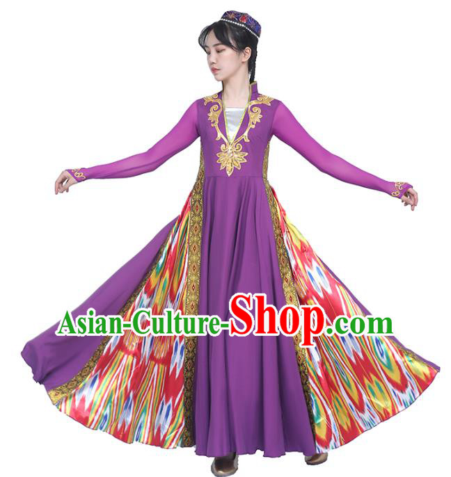 China Traditional Uyghur Nationality Folk Dance Clothing Ethnic Women Dance Purple Dress and Hat Outfits