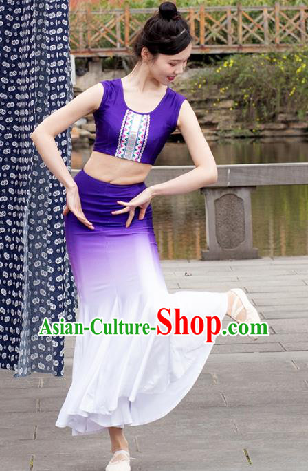 China Traditional Dai Nationality Peacock Dance Clothing Yunnan Ethnic Women Purple Dress Outfits