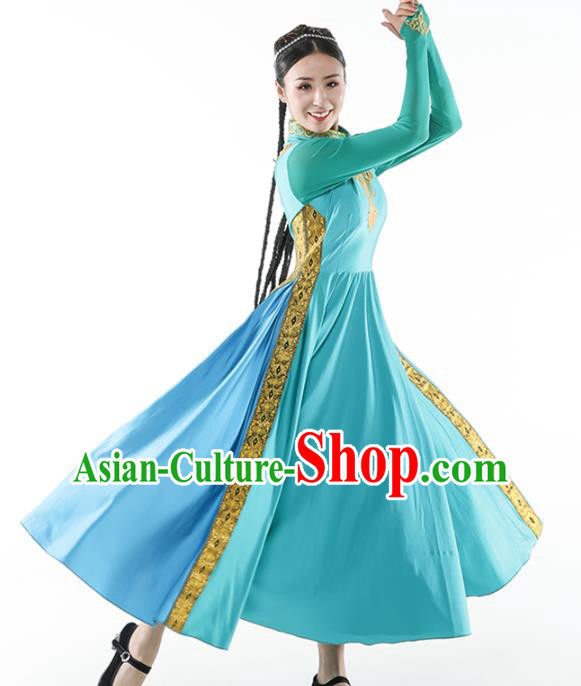 China Traditional Xinjiang Uyghur Nationality Dance Clothing Ethnic Women Blue Dress Outfits and Hat