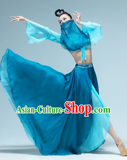 Traditional China Woman Group Dance Costume Classical Dance Stage Show Blue Outfits