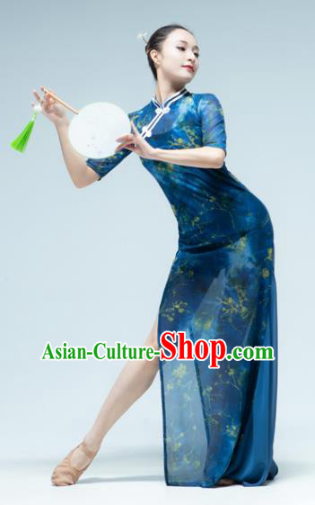 Traditional China Song of the Fishermen Fan Dance Costume Classical Dance Stage Show Blue Chiffon Qipao Dress