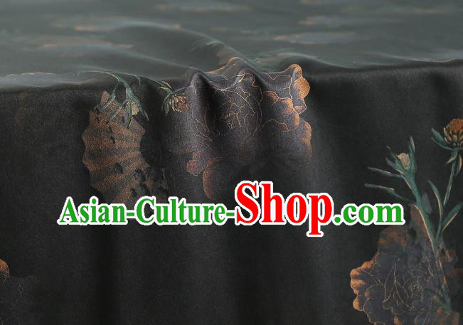 Chinese Traditional Cheongsam Silk Fabric Royal Peony Pattern Brocade Drapery Black Gambiered Guangdong Gauze