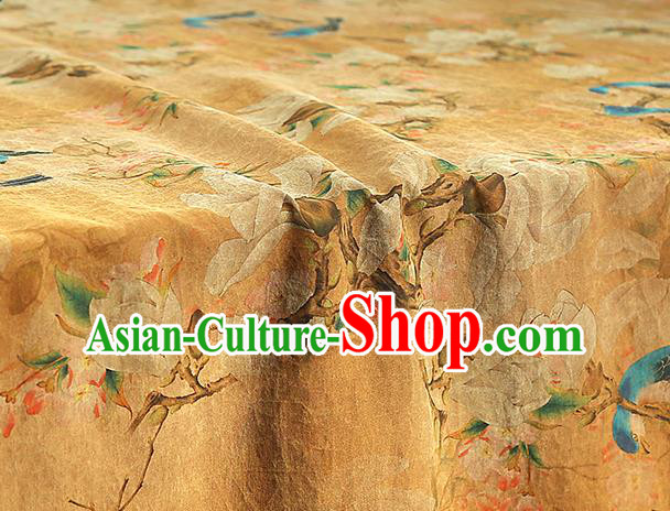 Chinese Orange Gambiered Guangdong Gauze Traditional Silk Fabric Royal Mangnolia Birds Pattern Cheongsam Drapery