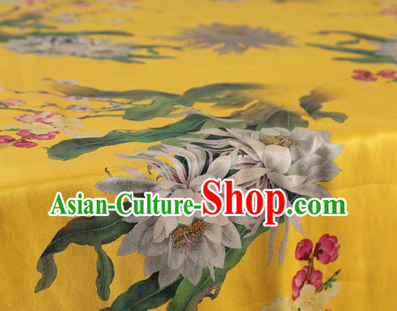 Chinese Yellow Gambiered Guangdong Gauze Traditional Silk Fabric Royal Epiphyllum Pattern Cheongsam Drapery